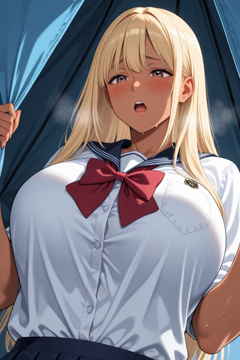 (masterpiece, best quality, ultra-detailed, high resolution, detailed eyes), (vulgar), nsfw, takeda hiromitsu style, (1girl), {school uniform, sailor suit}, curvy body, large breast, showing off nipples, tall, big eyes, heart shaped pupils, tears, blonde long hair, curly hair, looking at viewer, collar with leash, lie on back, spread legs, skirt lift, vaginal sex, {pinching own nipples}, (sweaty skin:1.1), (faint light:1.1), orgasm, (open mouth:1.4), (tongue out:1.4), (love juice:1.2), (trembling:1.3), (blushing:1.3) (breath:1.2), (drool:1.3)
