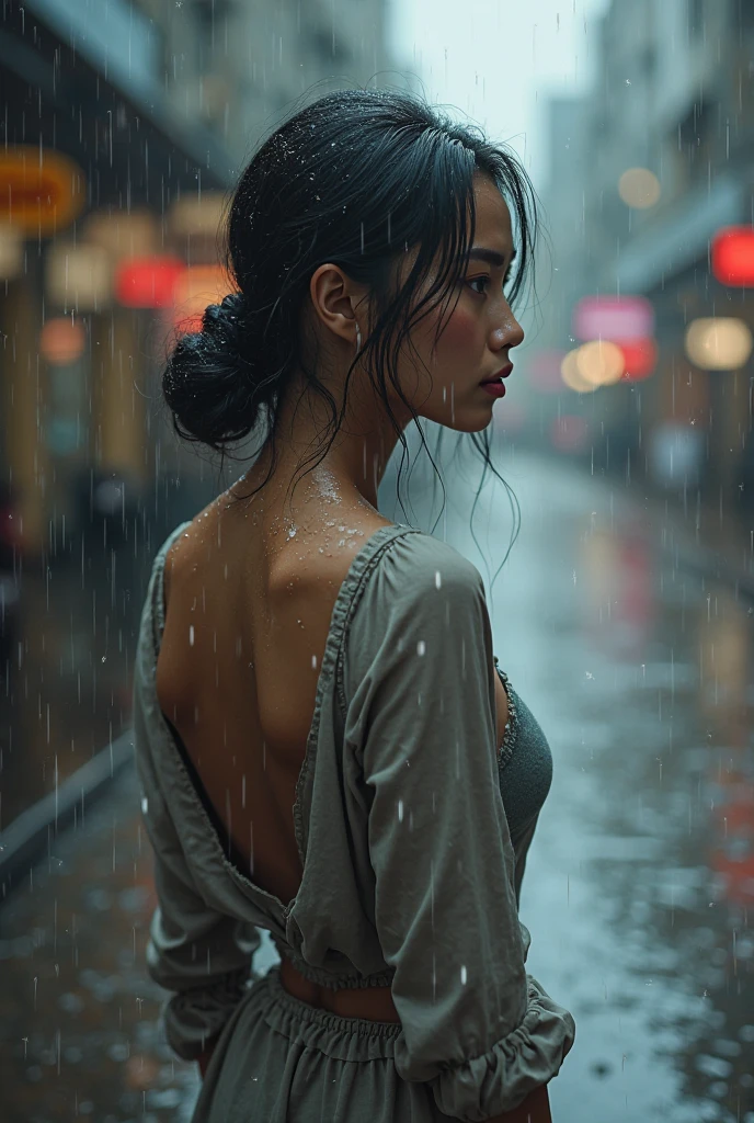 A sexy persian girl in saree without bra, she has headphones on and enjoying the music. it's raining and saree is see through wet.