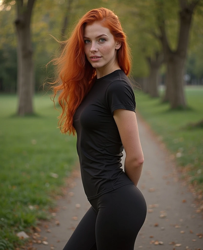 cinematic, realisitic, close up, documentary film of a 22-year-old woman with vibrant red hair and twilight eyes,dressed in super tight leggings,Big butts,Breasts huge ,safada,Louisiana, Shot with a Canon EOS