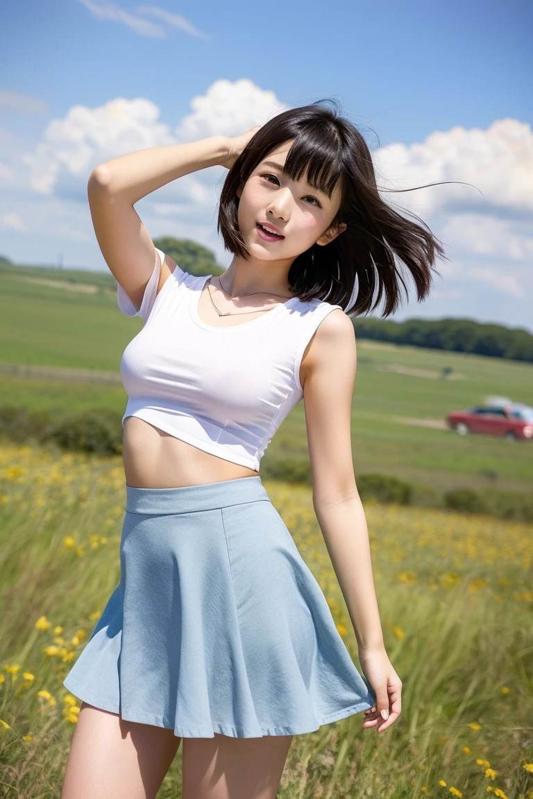 (8K, highest quality, Raw photo、masterpiece: 1.2), Super detailed, highest quality, ultra high resolution, professional lighting, photon mapping, radio city, Physically based rendering, cinematic lighting, Depth of written boundary, i concentrate,1 girl,17 years old、 (((at the top of the mountain:1.4)))(full body shot),  ((white shirt、mini skirt))(looking at the viewer:1.3) very slim, medium breasts, ((return)), ((from behind))(buckshot),  Viewer from below、cute, white skin、looking at the viewer, light smile,alone, enchanting smile, wide opening, professional lighting, Sony α7R4, Zecy 50mm F1.8, medium breasts,thin and beautiful eyes,