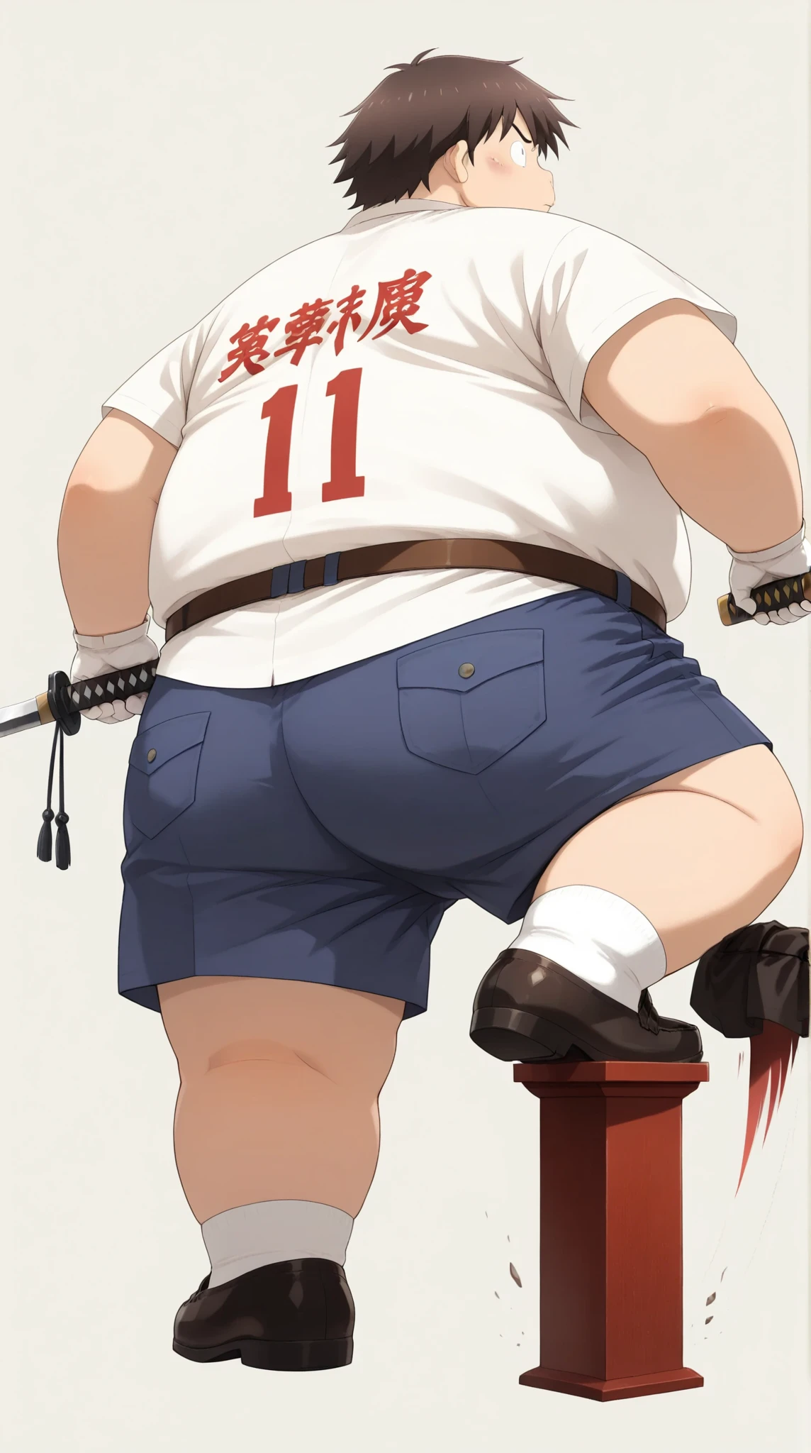 beautiful, ((chubby)), (very short hair),(tomboy), (pudgy face), (naughty) (high school students), ((young)), (androgynous), (boyish), (handsome), ((thick)), (overweight), (beefy), (nipples), (cute), (little brat), (naughty brat), (belly button), (Chubby body), (fullbody), (Round eyes), (Adventurer), (Armed), (sword), (Wearing hakama), 