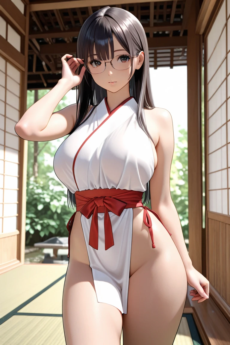 1mujerl, (tmasterpiece: 1.3),Hermosa mujer japonesa madura, Dedo detallado, hermosa mano, Hyper Realisitc, 1mujerl, (sagging breasts, Cuerpo hechizante: 1.2) brown hair: 1.1, Super Detail Face, Labios detallados, ojos detallados,Gafas, 二重まぶた, Kimono sexy de gran escote escotado, Escote abierto,El abrigo de cuero rojo en el pecho estaba rasgado,Fugas en el vientre,Ombligo hiper detallado, The red milk coating is torn,Las bragas rojas estaban rotas,parte inferior del cuerpo, muslos y fugas, Cover your hands with your extra-large, lleno, slightly sagging breasts, Postura lateral, curvas visibles,cuerpo completo1:1
