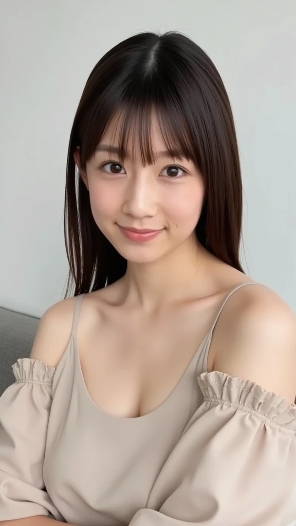 masterpiece,best quality,(Japanese girl),((Beautiful girl)),cleavage,(off shoulder:1.2),(perfect body beauty:1.2),(shy smile),From slightly above