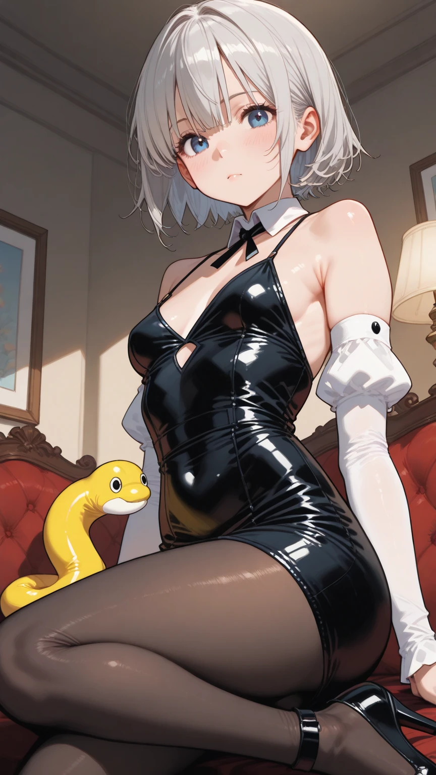 Masterpiece Long Globe(blanche(long to)(gloves)(There is a line in it.)) White stockings((stockings)(There is a line in it.)) leotard(Maids) A sexy Sitting on a chair poneyTail