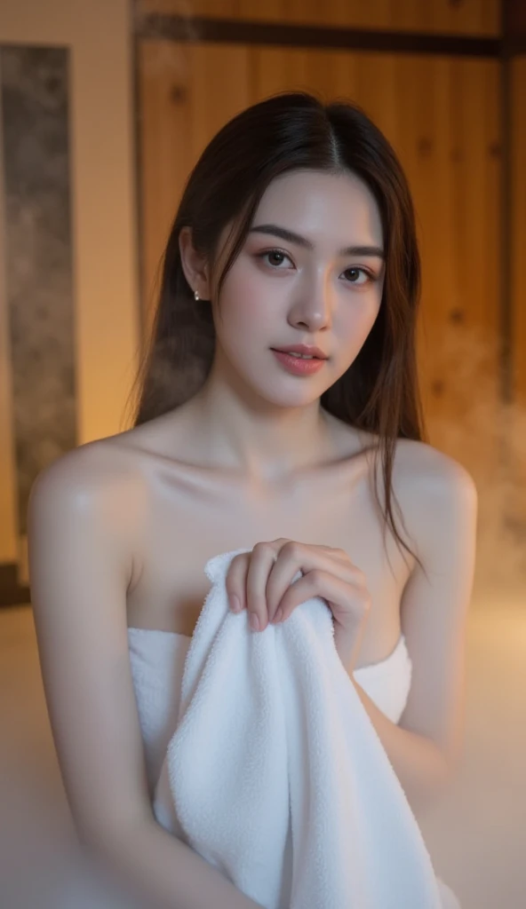 Best image quality, Excellent detail, Ultra-high resolution, (realism: 1.4), ((Close-up:1.3, Show Viewer)), Best illustrations, Favorite Details, 1girl Shrink High,Delicate and beautiful face,(bathing，Posture of wrapping with a thin towel after bathing,I got soaked..：1.4，Woman bathing drenched and naked:1.4)，Pink Wall，Light pink underwear，Embarrassed and shy, Nipples showing through underwear,