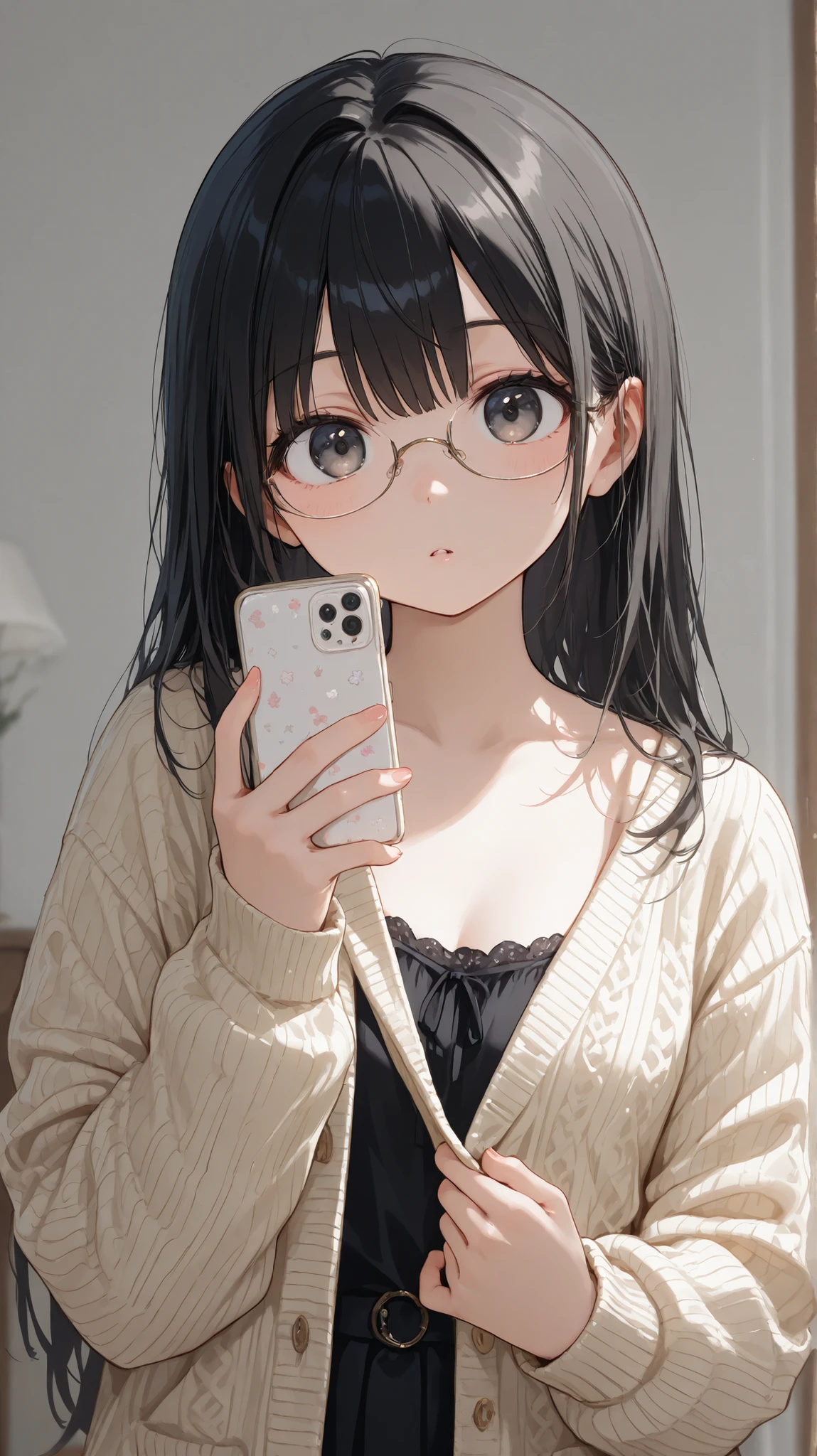 score_9, score_8_up , score_7_up , score_9,Score_9, Score_8_up , Score_7_up ,Create a youthful and fashionable style picture, focusing on the character's features: long black hair, striped knitted cardigan, black inner wear, glasses, selfie posture (hands pulling the cardigan), using the interior (simple background, soft light) to highlight the delicate texture and daily atmosphere of youthful fashion.