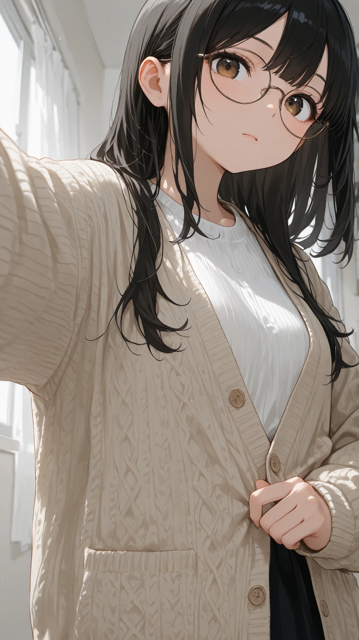 score_9, score_8_up , score_7_up , score_9,Score_9, Score_8_up , Score_7_up ,Create a youthful and fashionable style picture, focusing on the character's features: long black hair, striped knitted cardigan, black inner wear, glasses, selfie posture (hands pulling the cardigan), using the interior (simple background, soft light) to highlight the delicate texture and daily atmosphere of youthful fashion.