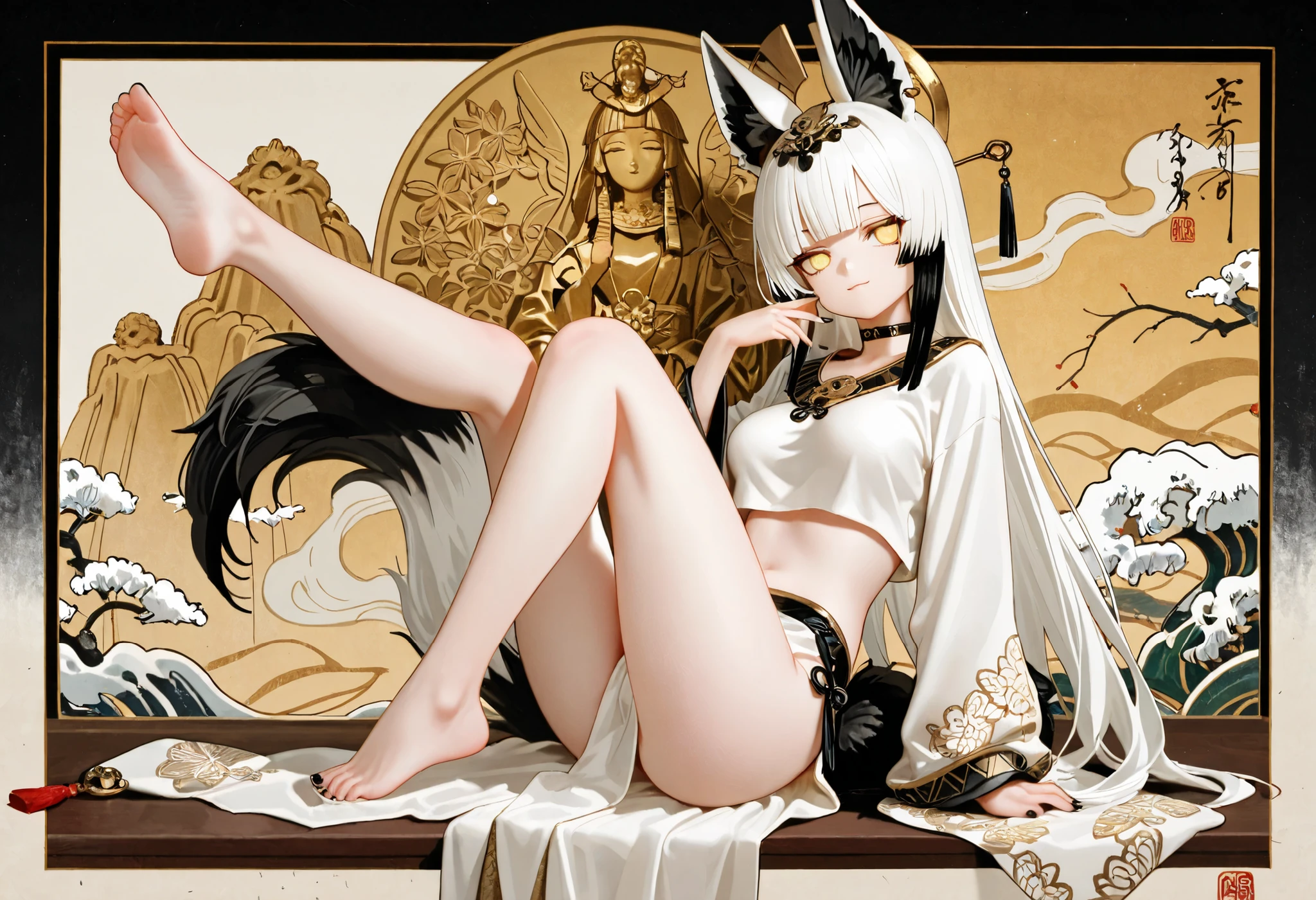 1girl, yellow eyes, jitome, black long stright hair, long bob hair, straight bangs, medium Breast, white clothes, jackal tail, cropped top, white fur, white anubis girl, slit skirt, flower pattern, Choker, bare legs, foot, black nail polish, slender body, tall girl, masterpiece, best quality, Perfect details, perfect composition, Perfect face, Perfect hand, absurdres, newest, very aesthetic, amazing quality, highres, film grain, Cinematic, Magnificent, doremi, hwansang, mx2j, Oriental clothe, side slit long skirt, hairpin, jade decoration, jk, key ring, thick outline, flower pattern, kiseru, smoke, white theme, blue woods, white woods, soft smile, taoist, glow eyes, Confident, transcendence, gold decoration, white energy, mixture of Egyptian and Taoist decorations, grand master, Tai Chi, outside background, ukiyo-e, silk, oriental ink painting, Yin and Yang, sensual, Golden statue, jade statue, white ink, oriental Waterfall, dynamic pose, Acrobatics,
