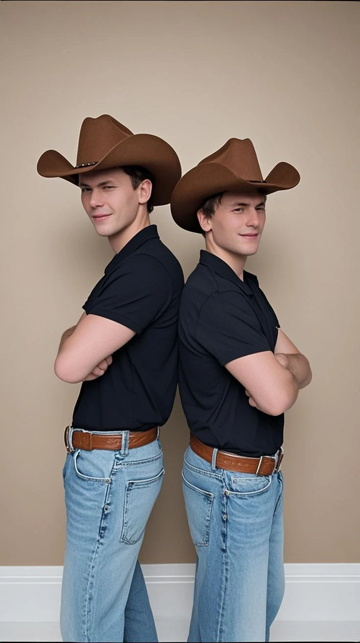 showing full body, showing knees, showing head, super cute lean 18yo boy and muscular y18yo boy arms around eachother, affectionate, happy, very young, fit , topless, muscular, blond, both have very long hair, cowboy, underwear