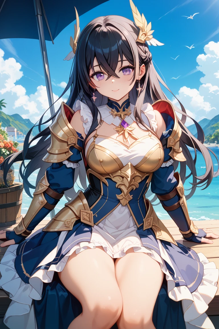 large hair, huge breast, thin waist, brown hair, black eyes , sexy, bikini armor, ((centaur girl)), ponytail, focus on upper body, portrait,