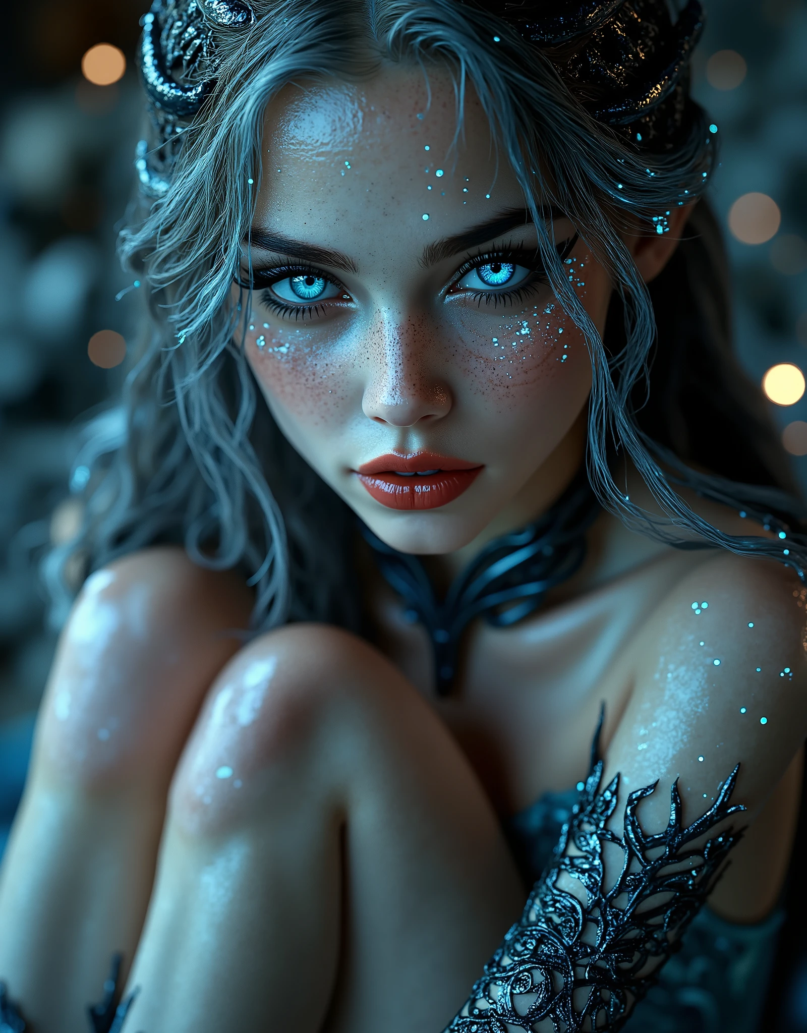 ethereal alien, piercing blue eyes that seem to glow with an inner light. Her long, ethereal light. Her skin is a pale, enigmatic expression, natural pink. opened glossy lips. seducing the viewer. skinny young muscular woman. pointed nose and full lips. Her eyes are a piercing, almost ethereal texture, glowing blue particles surrounding her. Her skin has a pale, adorned with glowing, infused with shimmering, ethereal character. The subject is a young woman with long very long hair.intense sultry eye contact, dark winged eyeliner, reaslistic skin texture.photorrealistic. seductive glossy cherry red lips. dark glossy goth makeup. facing the viewer. looking with lust into the viewers eyes. horny face expression. firm fake roun . choker. sitting upright with legs spread on her bed, thigh gap, legs spread, worshipping her master, manspreading, hands behind back, hands not visible,feet obscured and not visible