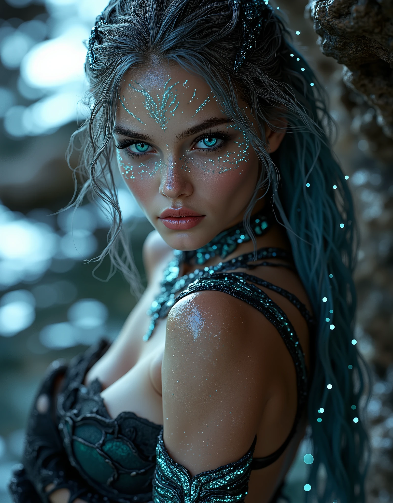 ethereal alien, piercing blue eyes that seem to glow with an inner light. Her long, ethereal light. Her skin is a pale, enigmatic expression, natural pink. opened glossy lips. seducing the viewer. skinny young muscular woman. pointed nose and full lips. Her eyes are a piercing, almost ethereal texture, glowing blue particles surrounding her. Her skin has a pale, adorned with glowing, infused with shimmering, ethereal character. The subject is a young woman with long very long hair.intense sultry eye contact, dark winged eyeliner, reaslistic skin texture.photorrealistic. seductive glossy cherry red lips. dark glossy goth makeup. facing the viewer. looking with lust into the viewers eyes. horny face expression. firm fake roun . choker. sitting upright with legs spread on her bed, thigh gap, legs spread, worshipping her master, manspreading, hands behind back, hands not visible,feet obscured and not visible
