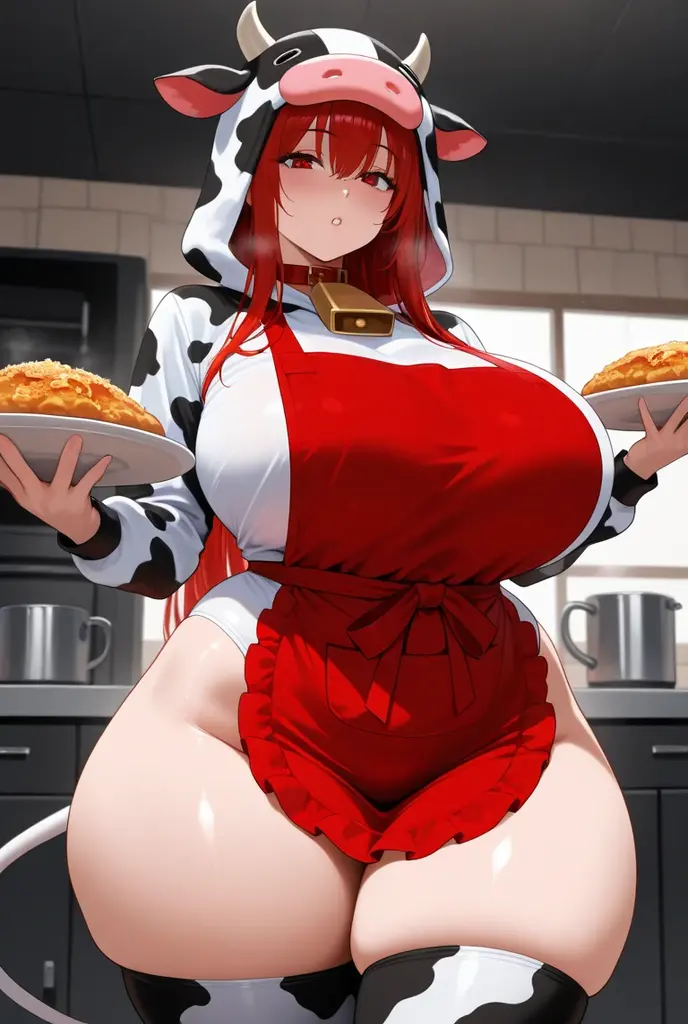 A MILF、ultra gigantic tits、Hyper-obese body、Cow Cosplay、Drink a lot of alcohol、Eaters、Background of a large amount of dishes、I'm about to throw up、full of sweat、Intoxication