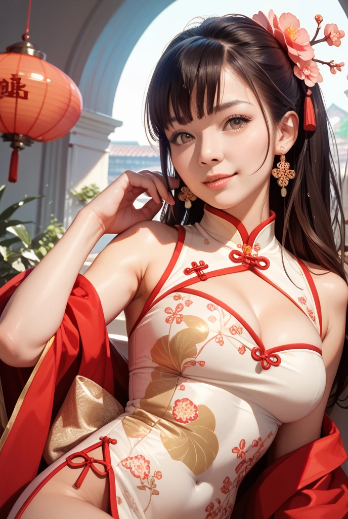 Hair accessories, skirt,Elbow gloves, Looking at the audience, earrings, city View, night, indoors, window, lake,table,permanent, Put your hands behind your back,,Cleavage,Cleavage