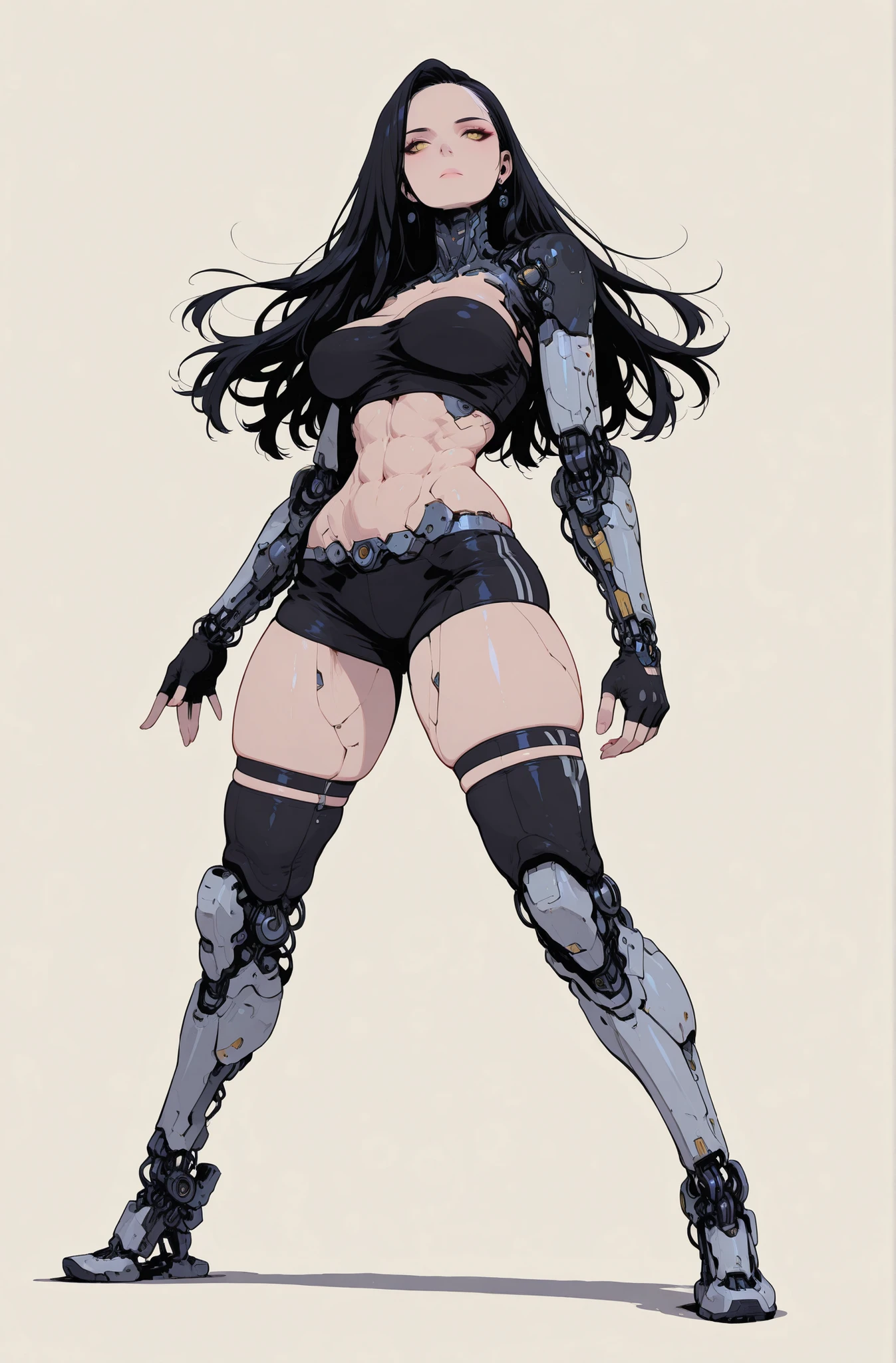(masterpiece:1.2), (best quality), super detailed, simple background, solo, metallic textures, plastic, glossy, dynamic view, no lineart, android, cyberpunk, futuristic aesthetic, mechanical anatomy, robotic details, detailed mechanical joints, skin lines,

Adorable and attractive, female, long hair, shiny hair, black hair, shiny plastic skin, black earrings, curvy and petite, yellow eyes, perfect breasts, very narrow waist, skindentations, hip_indentations, very small abs, slender, round hips, thick thighs,

Black trim, revealing outfit, fingerless gloves, black tube-top, black spandex shorts, impossible clothes, exposed midriff, 

Standing, wide stance, barefoot, mechanical feet, facing viewer, neutralexpression, detailed mechanical eyes, robotic eyes, dynamic pose, expressionless, 
