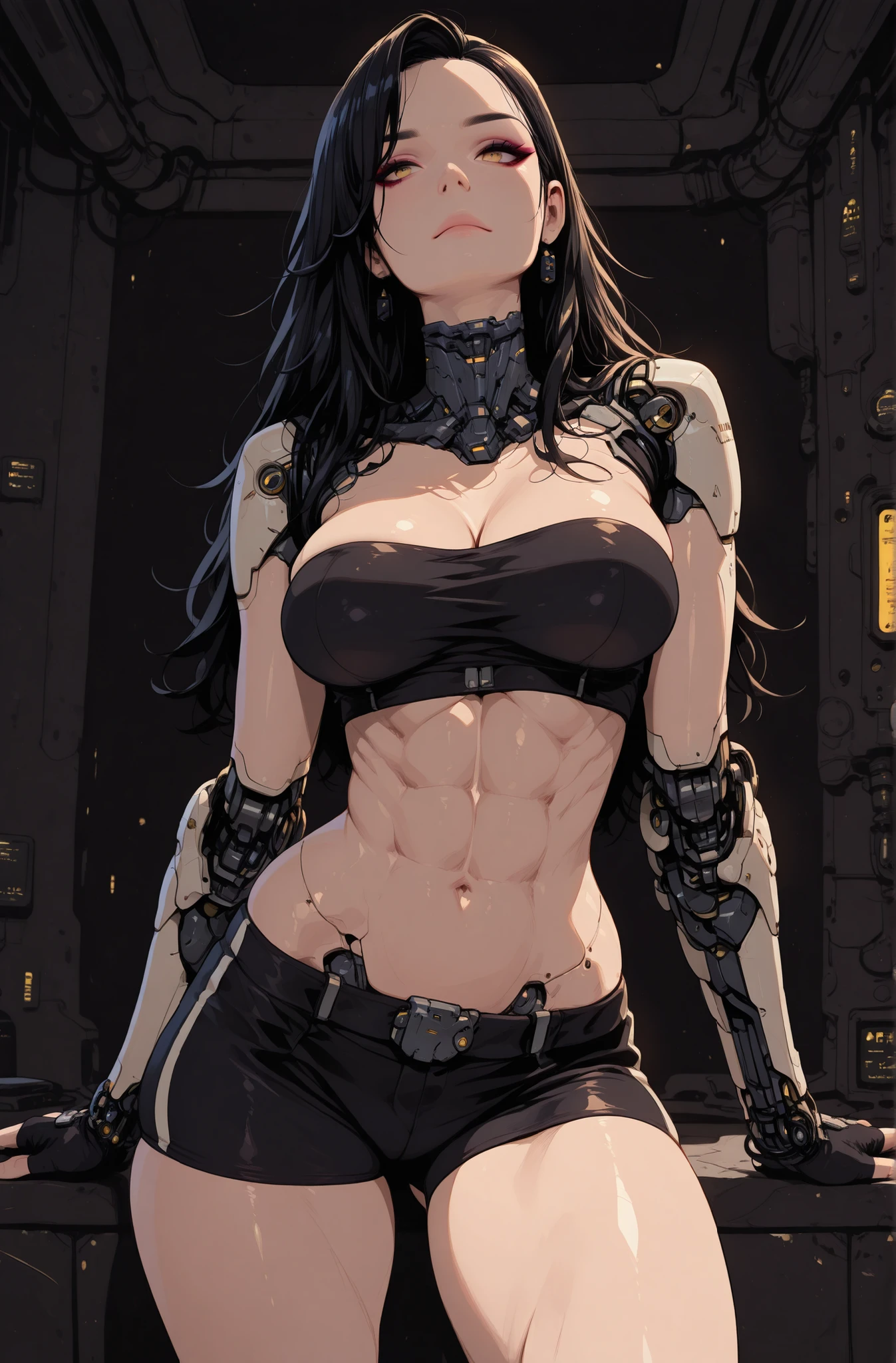 (masterpiece:1.35), (very aesthetic, best quality:1.3), highly detailed, dark environment, backlit, absurdres, no lineart, hyperdetailed realism, addmicrodetails, detailed shading, realistic textures, female focus, 3d anime style,
Indoors, chromatic aberration, sharp detail,
simple background, solo, metallic textures, plastic, glossy, android, cyberpunk, futuristic aesthetic, mechanical anatomy, roboti details, detailed mechanical joints, skin lines,
Adorable and attractive, female, long hair, shiny hair, black hair, shiny plastic skin, black earrings, curvy and petite, yellow eyes, perfect breasts, very narrow waist, skindentations, hip_indentations, very small abs, slender, round hips, thick thighs,
Black trim, revealing outfit, fingerless gloves, black tube-top, black spandex shorts, impossible clothes, exposed midriff,
Standing, facing viewer, neutral expression, dynamic pose, expressionless, lips, eyelashes, eyebrows, eyeliner,