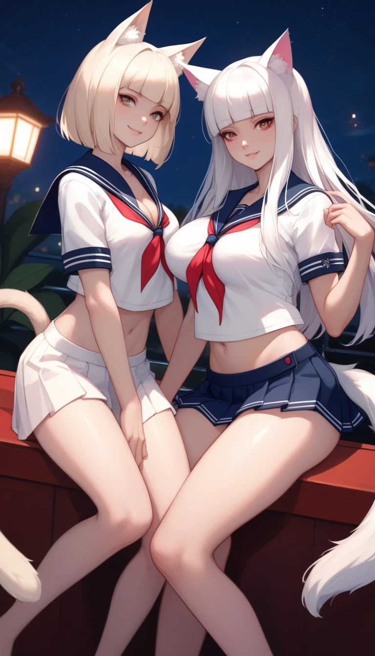 (highest quality,high resolution,(Ultra high fine mesh,4K), (ultra high resolution,8K),muste piece:1.2), (perfect anatomy,Anatomically accurate), (angle from below), (Soft lighting, rendering), ((cute mother and daughter)), (Large breasts:1.3), ((Sitting on a sofa in the lobby of a luxury hotel,Open legs left and right)), ((High School Sailor Uniform)), ((Red lace panties)), (fascinating expression), (very detailed and beautiful face), (Crisp double eyelids), (soft skin), (It's photorealistic), (Glowing skin), (Pixie Cut)