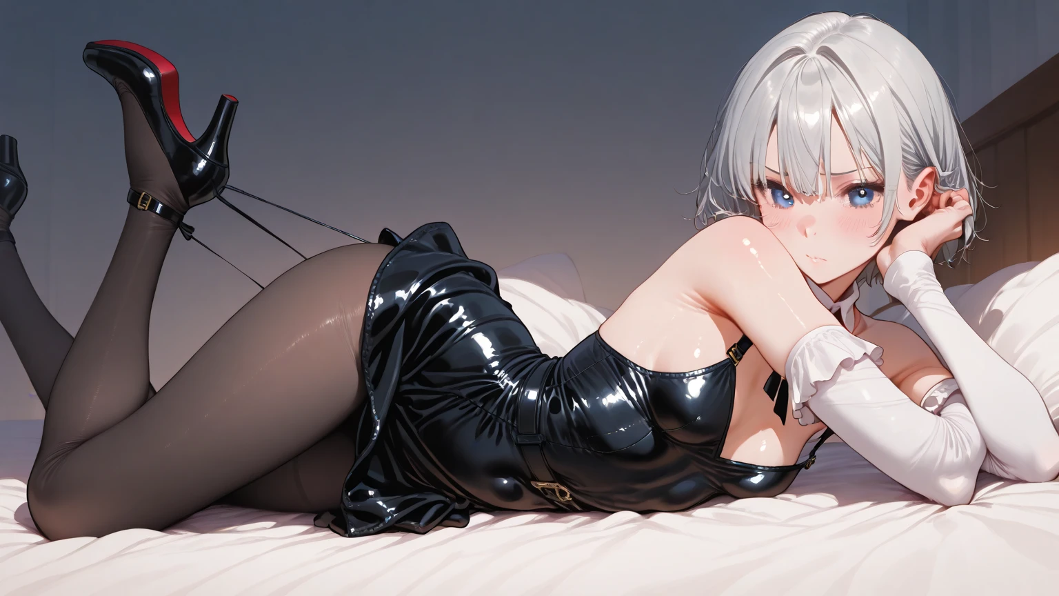 (((Solo))) Vampire woman with short white hair, (red eyes), ((wearing a shiny black dress)), stockings, wearing a red necklace, character is wearing gloves, (mature woman Anna), ((large chest)), ((curvy hips)), long legs, detailed eyes, (in a dark castle), (((mature woman))), milf, ((full lips)), sparkling eyes, standing, seductive pose, sexy face, (beautiful lighting), candles, (laying down on her side), (in a red bedroom)