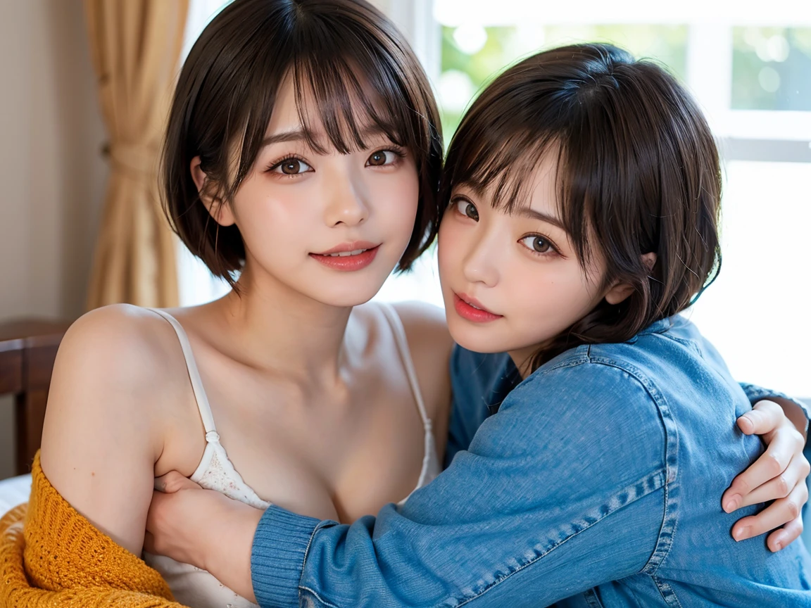 highest quality, masterpiece, Ultra-high resolution, (Reality: 1.4), Original photo, 2 women, mature, happy smile, short hair, brown hair, plump body, , Cinema Lighting, from below,
