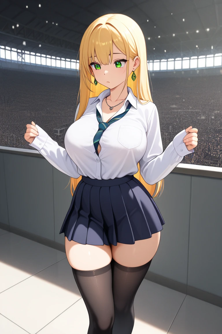 masterpiece, best quality, 8k, best light, shadows, perfect anatomy, front view body, looking at front, 1 girl, 26 years old, mature, europe girl, blonde middle hair, straight hair, pretty eyes, black eyes, tight sport shirt, short, huge ass, breast, thighs, naughty, seductive, pretty, hot, spicy, stadium background,