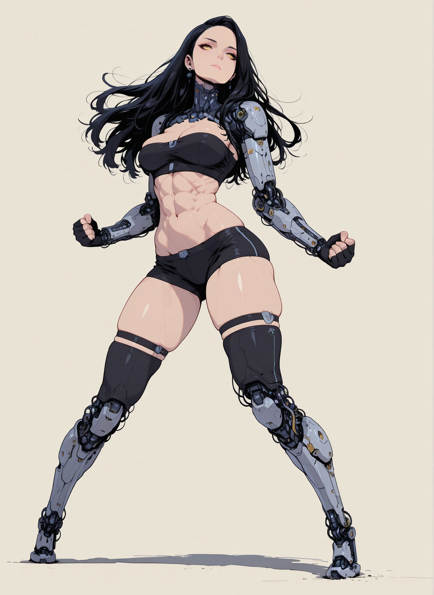 (masterpiece:1.2), (best quality), super detailed, simple background, solo, metallic textures, plastic, glossy, dynamic view, no lineart, android, cyberpunk, futuristic aesthetic, mechanical anatomy, robotic details, detailed mechanical joints, skin lines,

Adorable and attractive, female, long hair, shiny hair, black hair, shiny plastic skin, black earrings, curvy and petite, yellow eyes, perfect breasts, very narrow waist, skindentations, hip_indentations, very small abs, slender, round hips, thick thighs,

Black trim, revealing outfit, fingerless gloves, black tube-top, black spandex shorts, impossible clothes, exposed midriff, 

Standing, wide stance, barefoot, mechanical feet, facing viewer, neutralexpression, detailed mechanical eyes, robotic eyes, dynamic pose, expressionless, 
