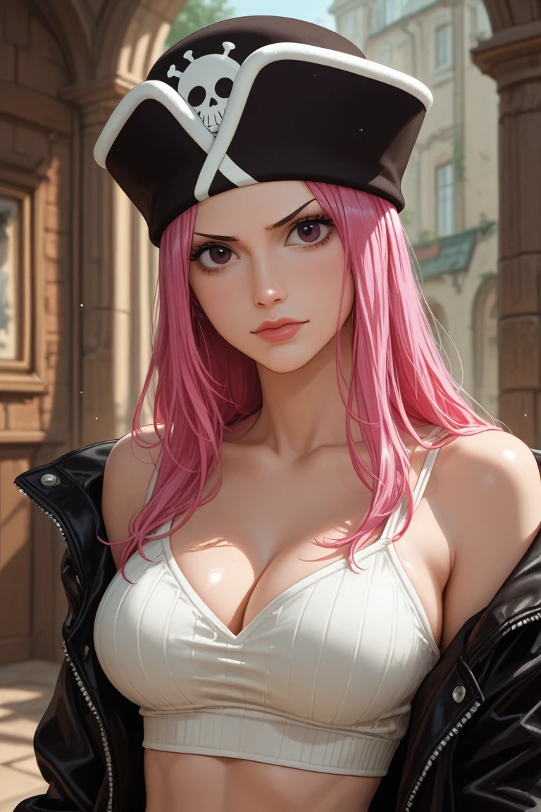 viper, girl, bikini, upper body, witch hat, (detailed face shape: 1.2), (middle chest), (cleavage), (thigh belt), long hair, asymmetrical bangs, tarot frame, portrait centered, ( No weapons), (bouncing breasts)