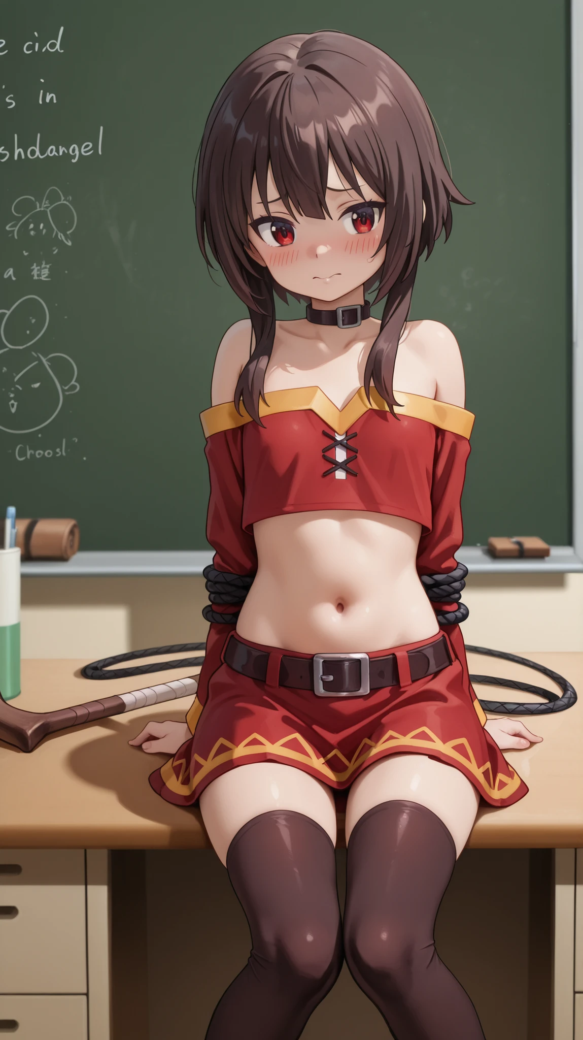 Megumin, , he is cooking green borsch with sorrel in his kitchen for a wild hangover. class, check_9, class, check_8_up, class, check_7_up, students , 1 in a sexy school suit , , , including her mini skirt , a short crop top, stockings above the knee , her navel is seen . The girl is shy and embarrassed , her face turns red . in the hands of a young man with a whip , tied on their knees , looks at the girl's knees , The scene takes place in , in the background is a whiteboard and neatly arranged desks.