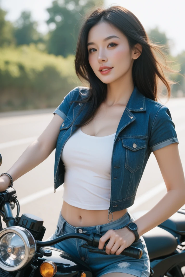 (A white shirt that accentuates her cleavage:1.3),(Ripped and tattered distressed jeans:1.3),Big ample breasts,Earrings,necklace,(See-through costume:1.3, ),(Girl riding colorful custom painted motorcycle through futuristic city:1.3), Shiny light brown and orange striped short hair,Cute Smile,Perfect round face,A bright smile that makes everyone happy,Proper body balance,Tabletop,Ultra-high quality output images,High resolution,Intricate details,Very delicate and beautiful hair,Photo Real,dream-like,Professional Lighting,Realistic Shadows,Focus Only,Beautiful Hands,Beautiful fingers,Detailed finger features,Detailed clothing features,Detailed hair features,Detailed facial features,