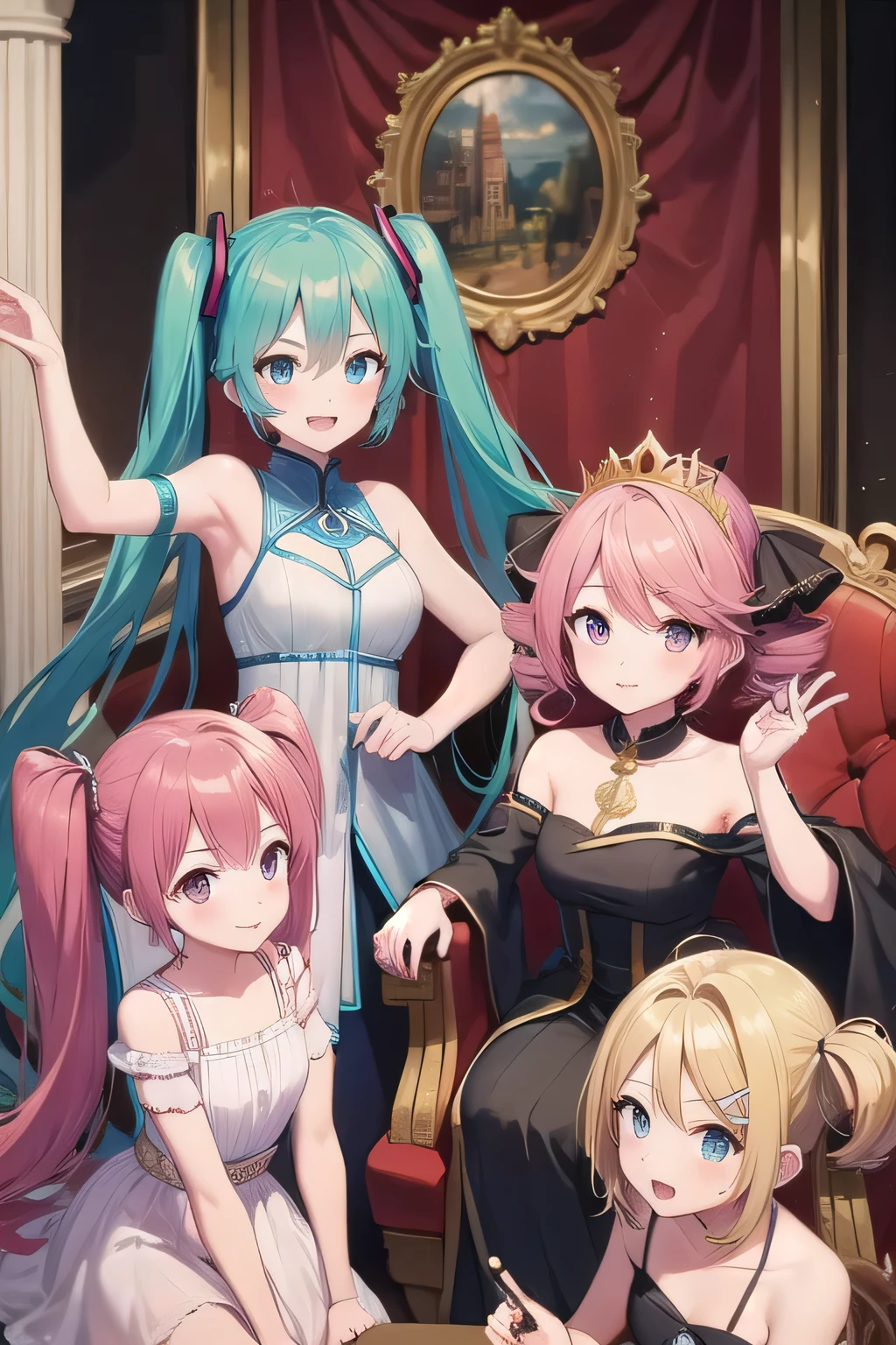 ((best quality)), ((masterpiece)), (detailed),4 girls。Kagamine Rin。Kasane Teto。Hatsune Miku。Megurine Luka。twin tails。kingdom。king。princess。Guards。Archers。Knight。townspeople。Medieval European Style。Sitting on the throne。Many residents cheer。red carpet。Castle。countly flag of twintail。