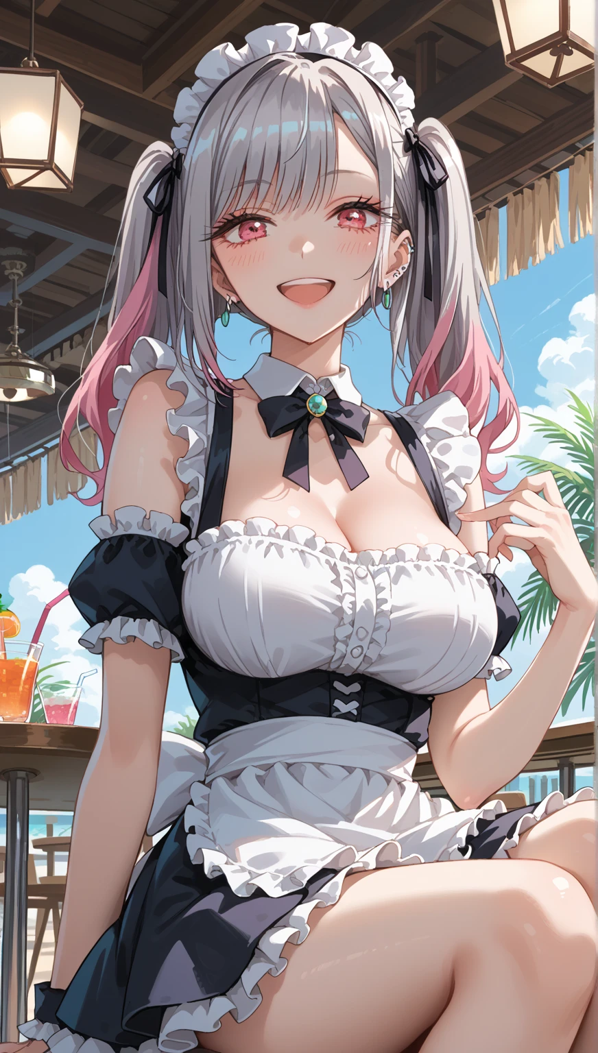 (Masterpiece: 1.2), Best Quality, (Illustration: 1.2), Eye Focus, (Ultra Detailed), Ultra Detail, (Fine Detail), (Intricate Detail), (Cinematic Light, Best Quality Backlight), Clear Lines, Solo Female, Solo Female, Perfect Figure, (1 Girl), High Contrast, (Best Lighting, Extremely Delicate and Beautiful), ((Cinematic Light)), Powerful, Absolutely Striking, Dynamic Angle, Gorgeous Background, cute Teeth, Open Mouth, mischievous smile, close-up, depth of field, close-up of a long-haired character. A cute tongue sticks out of the mouth, long hair, big breasts, short sleeves, dress, bare shoulders, braids, porcelain clothes, having an icecream
