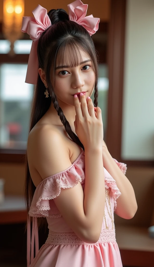 Works of masters，Extremely detailed portrayal，fisheyelens，a beauty girl，sideface，（Short twin tails：1.5），Red wedding dress，adolable，vivaciousness，The girl next door