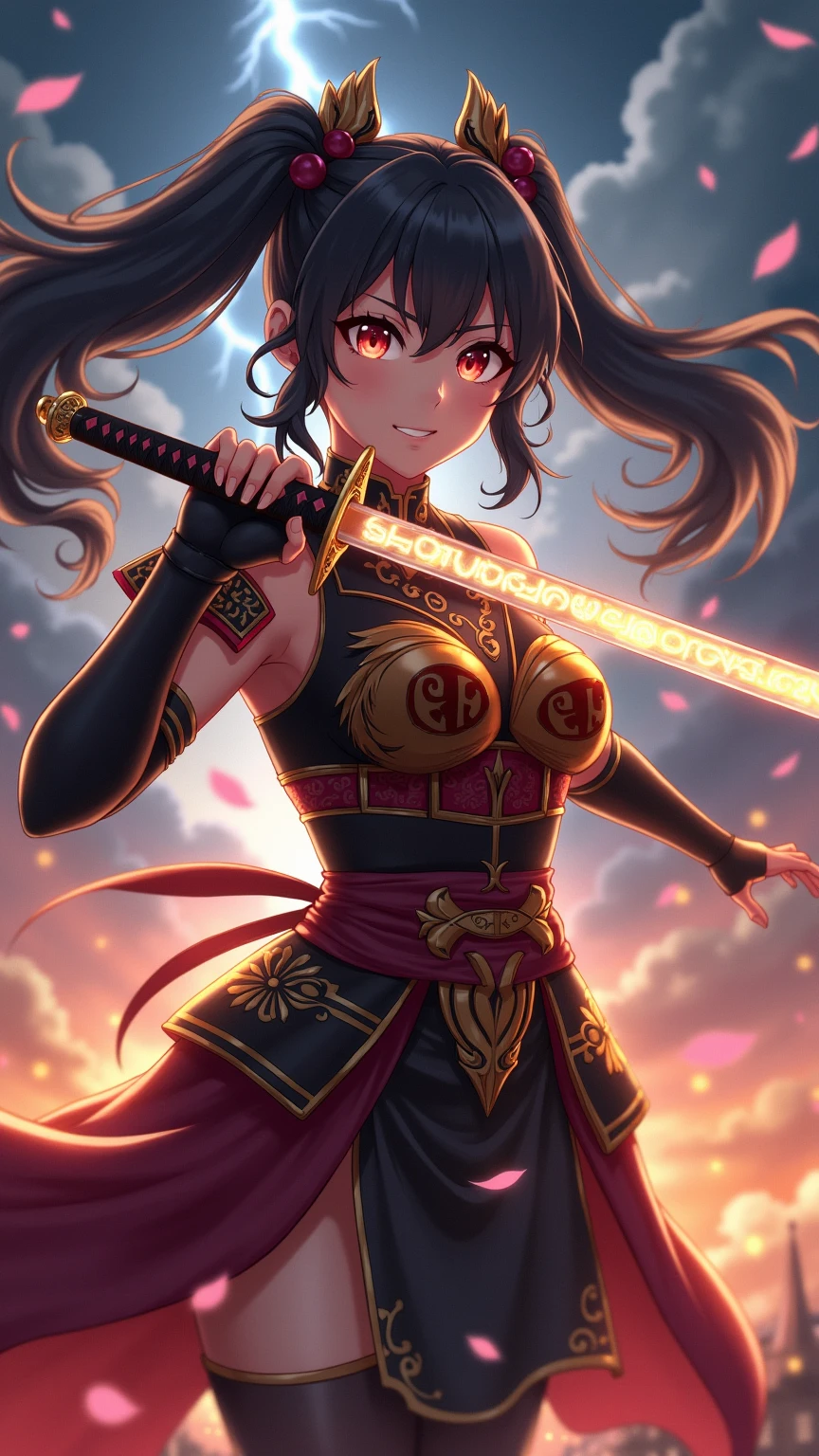 ((Best Quality)), ((masterpiece)), ((detailed)), ((High Definition)). A girl in anime style, with naraja collar, Wearing revealing armor. She is pretty, attractive and sexy. On his waist he wears a SHNK maneuvering equipment. He holds two swords, one in each hand.