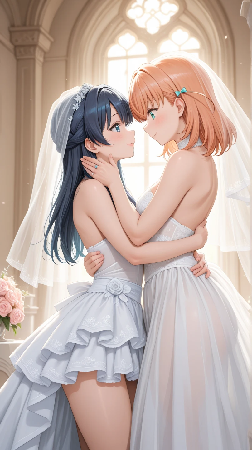 2girl face to face, full body, looking at viewer, smile, (miorine rembran:1.1)\(Kidou Senshi Gundam: Suisei no Majo\), (Suletta Mercury:1.1)\(Kidou Senshi Gundam: Suisei no Majo\), nsfw, slender waist, shy, blush, white micro bikini, transparent white thighhighs, chiffon bride wedding dress, white stockings, wedding in flower field, masterpiece, best quality, beauty face, ultra-detailed, illustration, detailed light, an extremely delicate and beautiful, Dynamic motion, Highly detailed, End product, Best quality, Official art, (((Delicate facial details))),(feet out of frame),(arm at side),(best illustration),(((masterpiece))),(((best quality))),((ultra-detailed)), (detailed light)