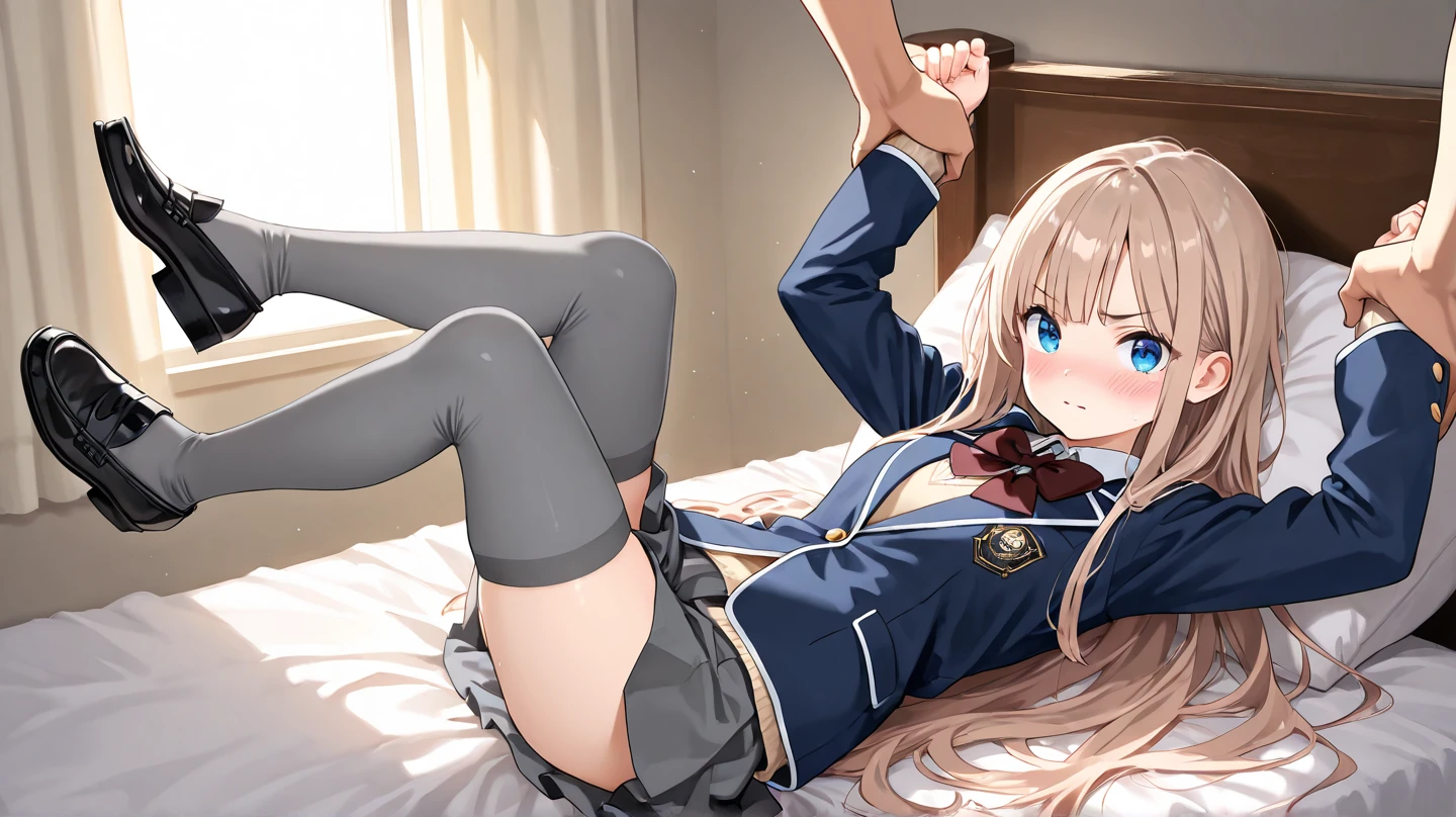 masutepiece, ultra-detailliert、Best Quality,Detailed Focus:1.3,((1 high school girl in uniform))、 Dark blue blazer,a bow tie、Plaid Pleated Skirt,White string panties、Black socks,In the bedroom in the morning,((Lying on your back in bed:1.3)),(Spread your legs to the sides:1.3) ,White string panties,Looking at Viewer, Cute, medium breasts, Yellow eyes, Yellow hair, Long hair, embarrassed,((Panties close-up:1.53)),(Low position shots:1.45)