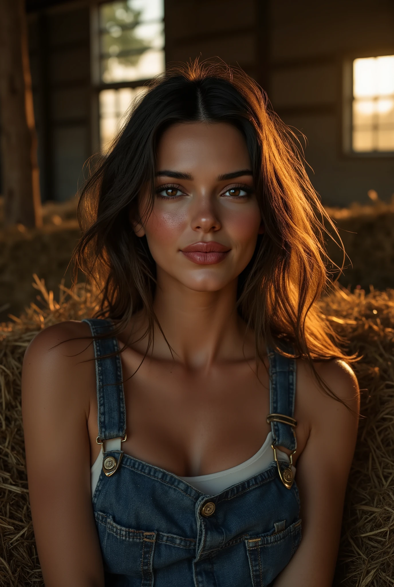(Best quality, hyperrealistic, 8k, 32k, Masterpiece, UHD:1.2), full-body shot of a woman with long, flowing hair, deep eyes, and glowing skin, reclining on a bale of hay in a rustic barn. She has a perfect smile. She wears a pair of worn denim overalls and a white tank top, with one strap slipping off her shoulder. The soft light of the setting sun filters through the barn windows, casting a warm glow on her skin.
