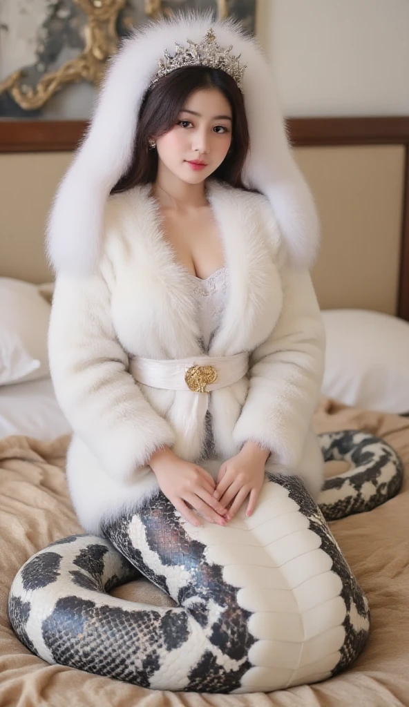Very wide、Very thick, white mink fur coat, Thickness 80 cm, fluffy, nature, Thick white mink fur collar, 3 floors、Russian beautiful girl、High ponytail、Big Breasts 2.1、Her breasts are protruding、Squat down and spread your legs