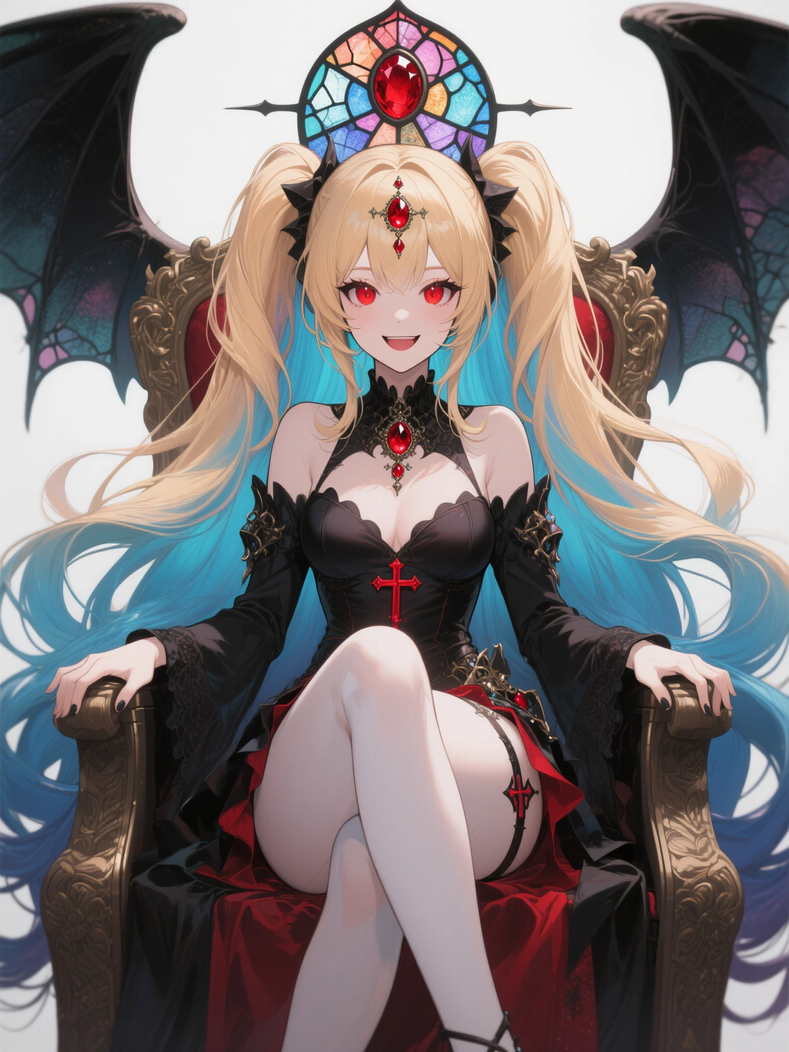 1girl in, Solo, Perfect body, Best Quality, Cute Girl, Tsundere:1.1, Vampire attire, Vampire Princess:1.2, (Succubus Dress:1.1), (tiered layers skirt:1.2), very large breast, a blond, Long twintails, Black Ribbon Hair Fastening, Tsuriformes, sharp eye, Sanpaku eyes, High pressure expression, Open mouth, Condescending look, Mouth smiling, queen, Noble atmosphere, Fine-grained skin, (Choker with a heart gem:1.1), View of the valley, Navel Ejection, Raw feet, a belt on the thighhigh, (Bat Wings:1.5), Bright red eyes, Shining eyes, (NSFW:0.8), 8K, a belt on the thighhigh, Skinny Legs, (Sitting on a throne:1.5), (Leaning against the back of a chair:1.2), Inside a luxurious castle, Red Carpet, full body seen,
