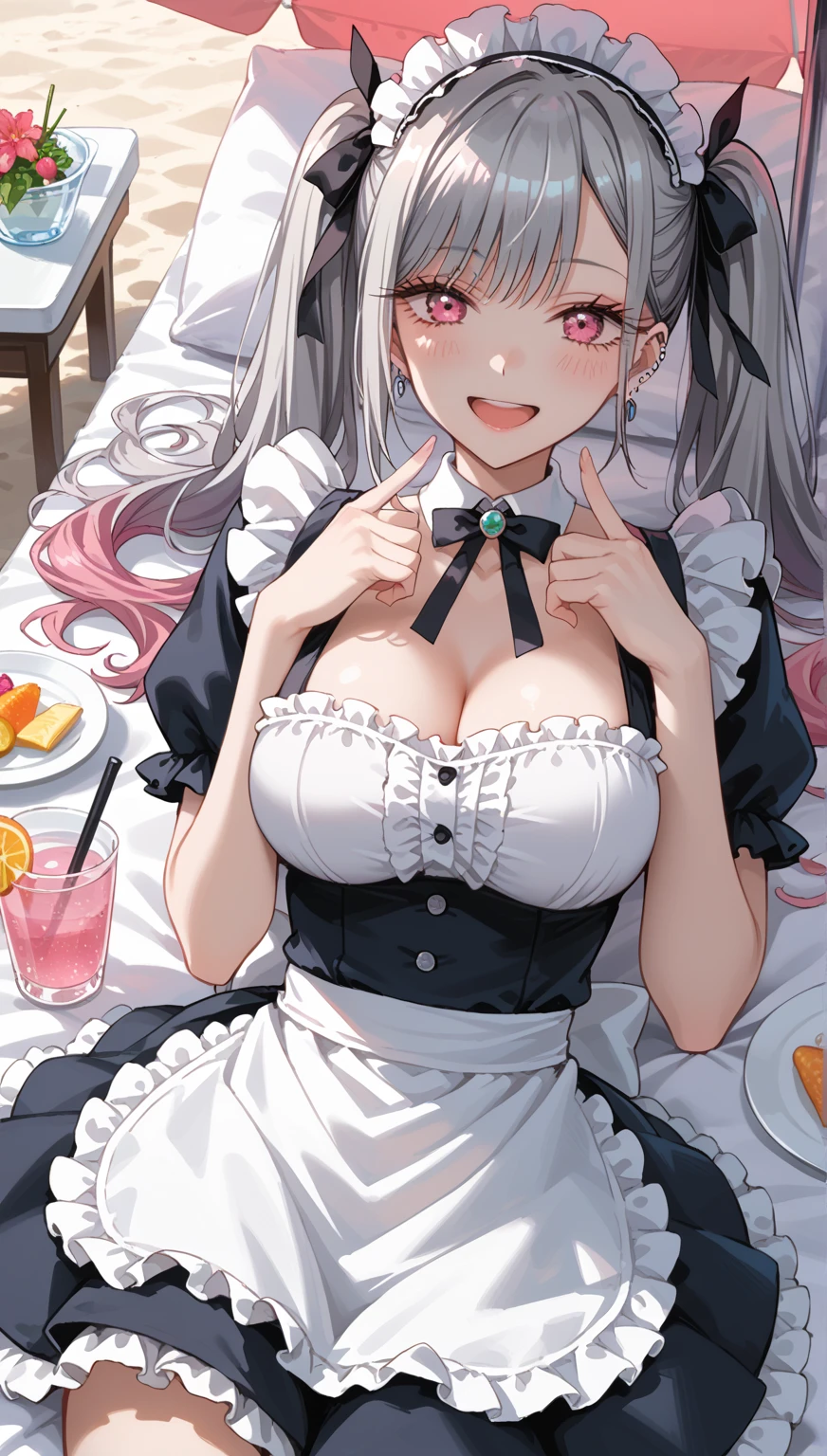 ((32k)), ((best quality)), ((ultra high res)), ((HDR)), ((UHD)), ((extremely detailed CG)), ((unity 32k wallpaper)), (((Virgin girl))), solo, long hair, (breasts), looking at viewer, blush, smile, bangs, thighhighs, bow, holding, cleavage, jewelry, ((white bikini)), ((((hair over one eye))))), (medium breasts), closed mouth, standing, swimsuit, ((white hair)), short sleeves, bikini, (upper body), earrings, frills, food, black thighhighs, indoors, bowtie, hair over one eye, apron, cup, puffy short sleeves, wrist cuffs, grey eyes, thigh strap, detached collar, side-tie bikini bottom, thigh gap, table, single thighhigh, waist apron, white apron, plate, tray, teacup, cake, frilled apron, pink bikini, bridal garter, holding tray, cake slice, (from below), ((front)), 