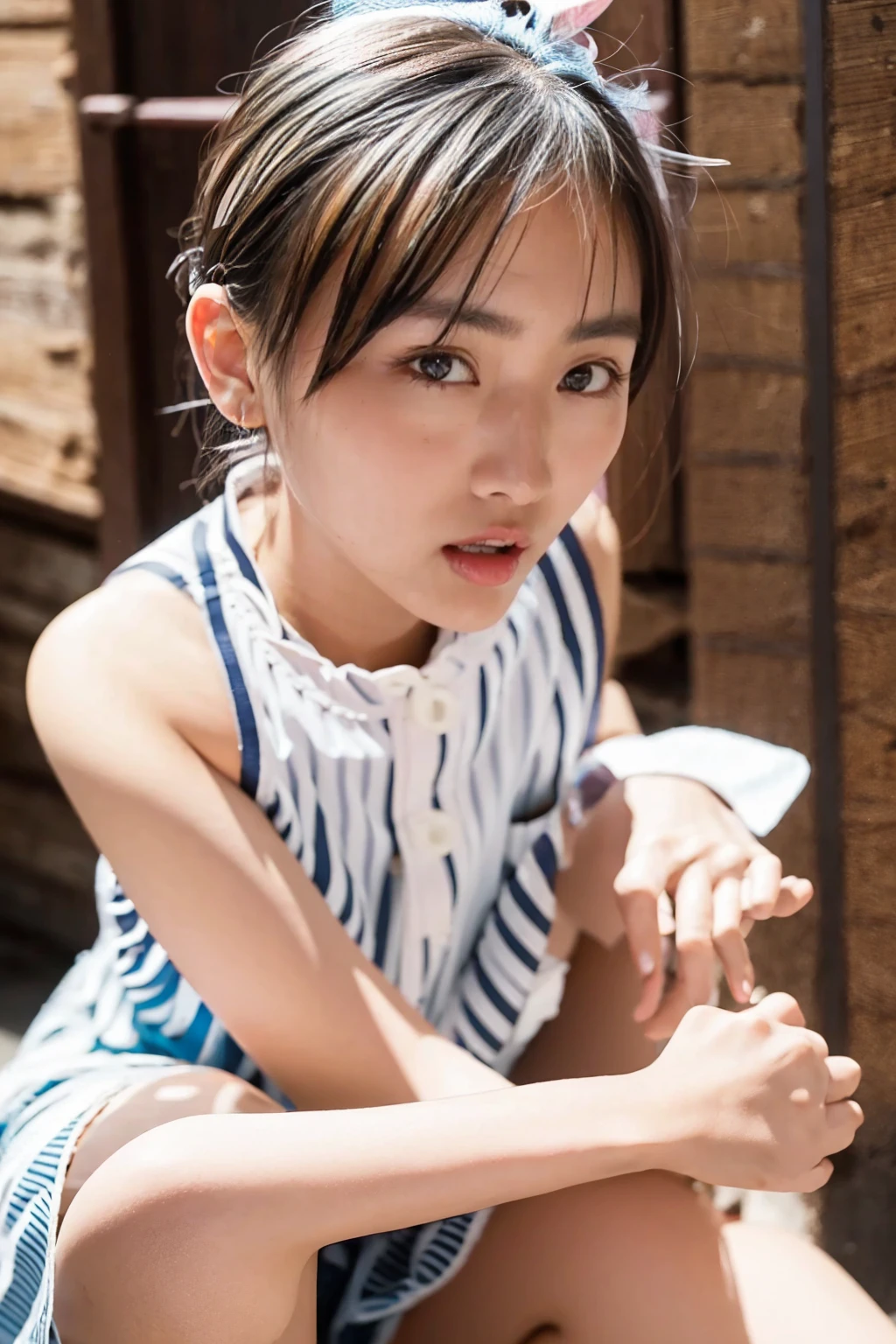 dress、(Realistic:1.4)、(hyper Realistic:1.4)、(Realistic:1.3)、(Smooth lighting:1.05)、(映画の照明Improvement of quality:0.9)、32k、One Girl、20-year-old girl、Realistic lighting、Backlight、Facial Light、Ray Tracing、(Bright light:1.2)、(Improvement of quality:1.4)、(Highest quality real texture skins:1.4)、Detailed、Face drawn in detail、quality eyes、(tired, Sleepy and satisfied:0.0)、 Face close-up、T-Shirts、(Enhances the body line:1.1)、(Enhances the beauty of skin texture:1.1)、((Suzuichi Hirose))、