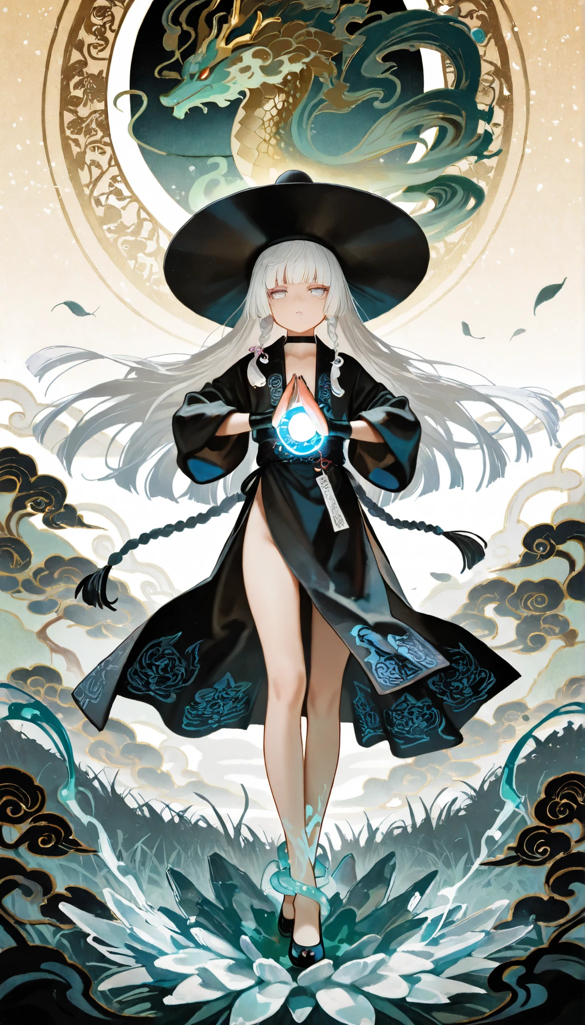 1girl, light lavender eyes, jitome, white Hair, blunt bangs, hime cut, small chest, big hat, black clothes, high waist, long Side slit skirt, Choker, bare legs, foot, black nails, flower pattern, masterpiece, best quality, Perfect details, perfect composition, Perfect face, Perfect hand, absurdres, newest, very aesthetic, amazing quality, highres, film grain, Focus on the character, Cinematic, dramatic, Magnificent, cute expression, doremi, hwansang, mx2j, floating mechanic, silver and Jade decoration, killer, noir theme, wind, Substantiated wind effects are wrapped around, Avalokiteśvara, Buddhist motif, holy, Eight Trigrams, Bagua, liquid ink dragon floats around, Long braided knot decoration, black lotus, Flowing liquid golden ink, golden energy, oriental martial arts, taoist, grand master, black birds, shadow fog raven, Fu Talisman, Taoist charm, black fog summon, white background, oriental ink painting, ukiyo-e, light effect, Liberation, transcendence, splash art, powerful, Plant ability, flower, leaf, vine, Energy sphere, green, grass, white and blue theme, ice and fire, Yin and Yang