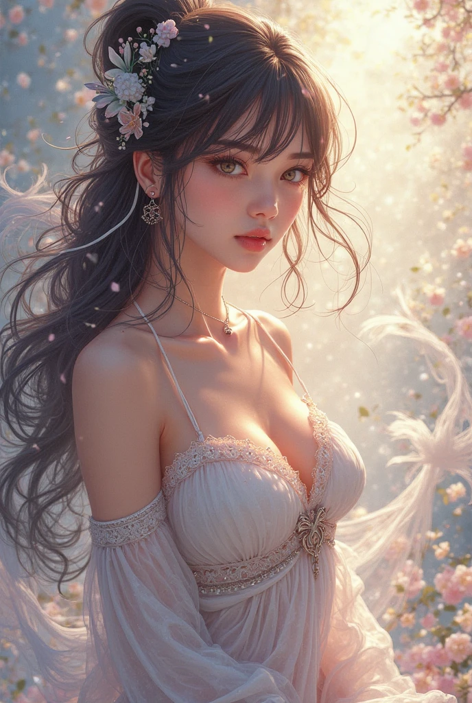 (enchanced quality:1.4),Top quality true texture skin), Delicate face, Masterpiece, Best quality,1girll,milf,:D,sexy pose,huge breasts,The girl lifted her skirt,Walk barefoot through the flowers,White and tender skin, kawaii,Solo,(clear,see through:1.3), off shoulder dress clothes, Crystal hair accessories, necklace, A masterpiece, Ultra detailed, absurderes, an award winning photograph,Dynamic lighting, Faraway view,The art of fine details,epic art, Exquisite composition, Dynamic composition,hyper HD, 16k