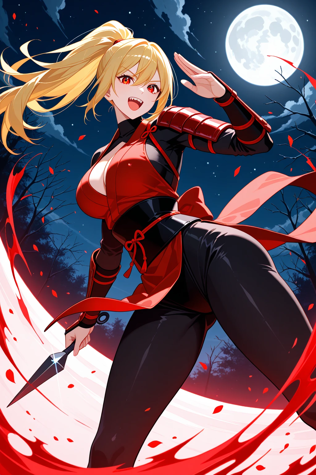 1 young beautiful woman,(Highest quality,Extremely detailed depiction,Incredibly absurd high resolution,Anatomically accurate depiction,Curvy Legs),(Shiny skin),(Blonde,Pin one side of your hair back,Side Blade,Large Breasts,Black bodysuit,Ninja costume:1.2,Fishnet tightsの腕,Fishnet tights,Cowboy Shot,Model pose,latex),(Blue Eyes,Detailed pupil,Half-closed eyes:1.3,Shadowed face,Glossy red lipstick,Cool look),eyelash,Standing posture,background:bamboo forest:1.5