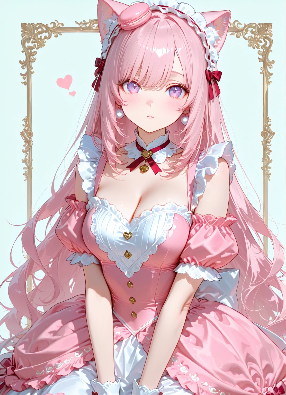 ((Moe anime art style:1.2)), (((masterpiece))), (((best quality))), ((ultra detailed)), (illustration), ((an extremely delicate and beautiful)), ((super detailed skin)), (((8K))), BREAK (((solo girl, A young-looking princess))), (18 years old), ((full body)), ((from front)), (sit astride, straddling), leaning on person on tree, BREAK (((Shiny dark pink taffeta))), ((Dense lace, Long train, Lots of frills)), (((Full-length crinoline hoop skirt, Beautiful and luxurious Rococo Victorian ball gown dress))), BREAK (((huge breasts))), ((breast focus, cleavage cutout)), Sweat on the chest, BREAK (((Super delicate and beautiful face))), ((Beautiful Lips, Delicate beautiful eyes)), ((embarrassed)), BREAK bangs, (((Pink Hair, Fluffy ponytail, Curly Hair, Expressive hair, very voluminous long hair))), Beautiful silver and jeweled hair ornaments, BREAK (((nature))), (in forest), ((so many colorful flowers)), ((Flowing petals)), Particles of light pouring down, (light sparkles:1.5), (light leaks:1.5),