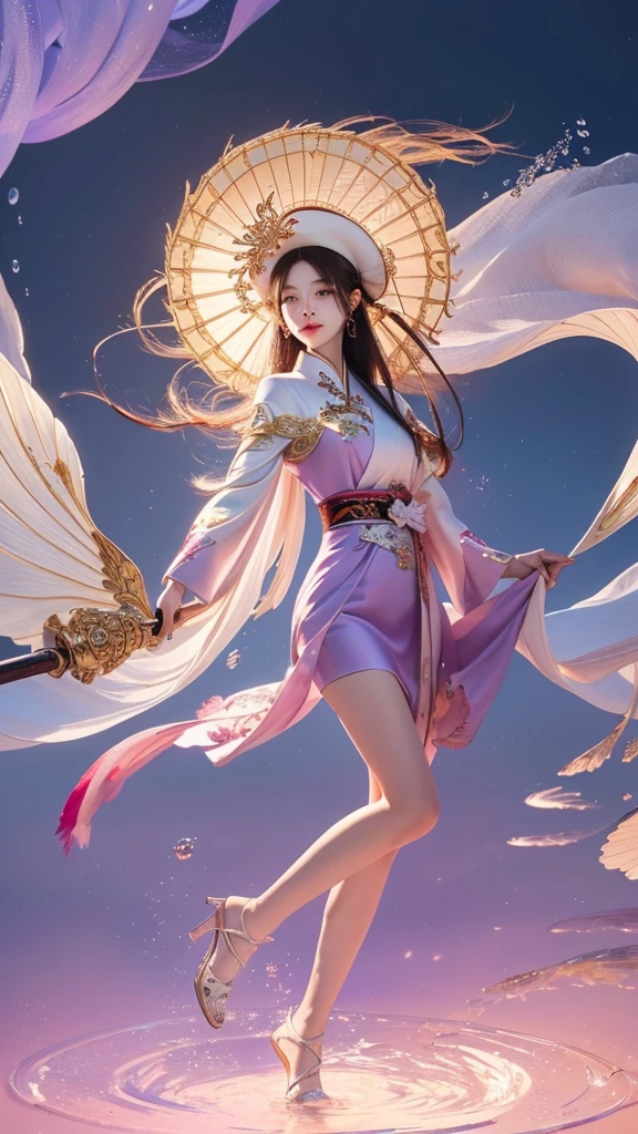 anime girl with a purple dress and a blue hat holding a green flower, queen of the sea mu yanling, by Yang J, heise jinyao, yun ling, onmyoji detailed art, beautiful celestial mage, inspired by Ju Lian, full body xianxia, inspired by Pu Hua, g liulian art style, keqing from genshin impact, kagura from mobile Legends bang bang, 70mm, ultra detail,8k very detailed CG unit wallpaper) (best quality), (best illustration), (best shading), cute, medium boobs and thighs