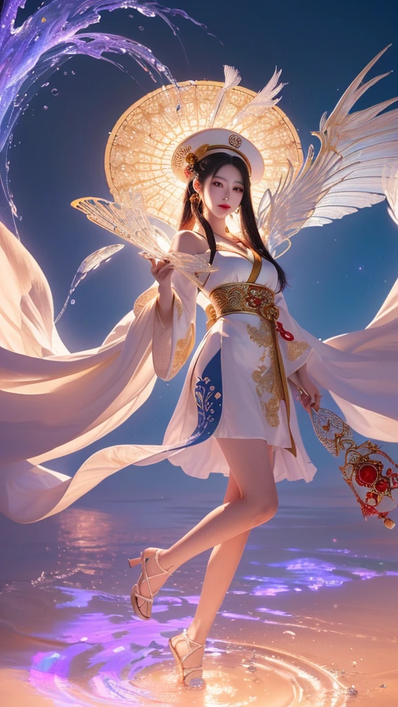 High quality photo, A beautiful young korean girl, angelic, descending from heaven, elegant and graceful, wearing a glittering full-length dress, slim and gorgeous figure, cinematic lighting, highly detailed, photorealistic, 8K, masterpiece