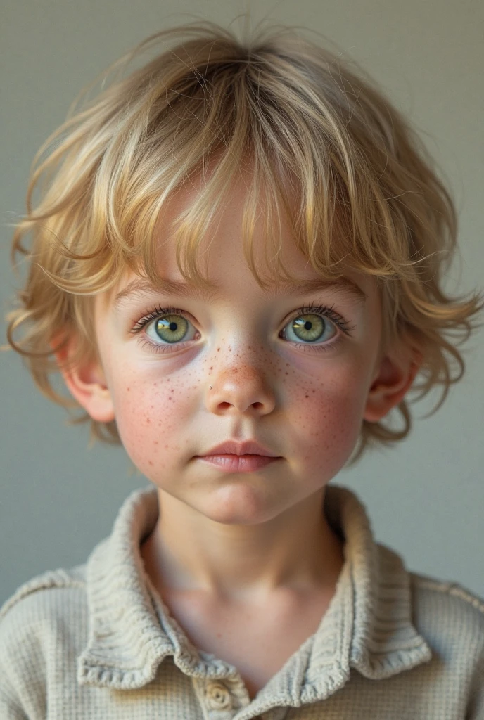 a boy with slanted green eyes,with barely noticeable freckles,with a slightly wide nose,of dark complexion tending to white,with thick pink lips,with medium thick eyebrows,with medium blonde hair with curls