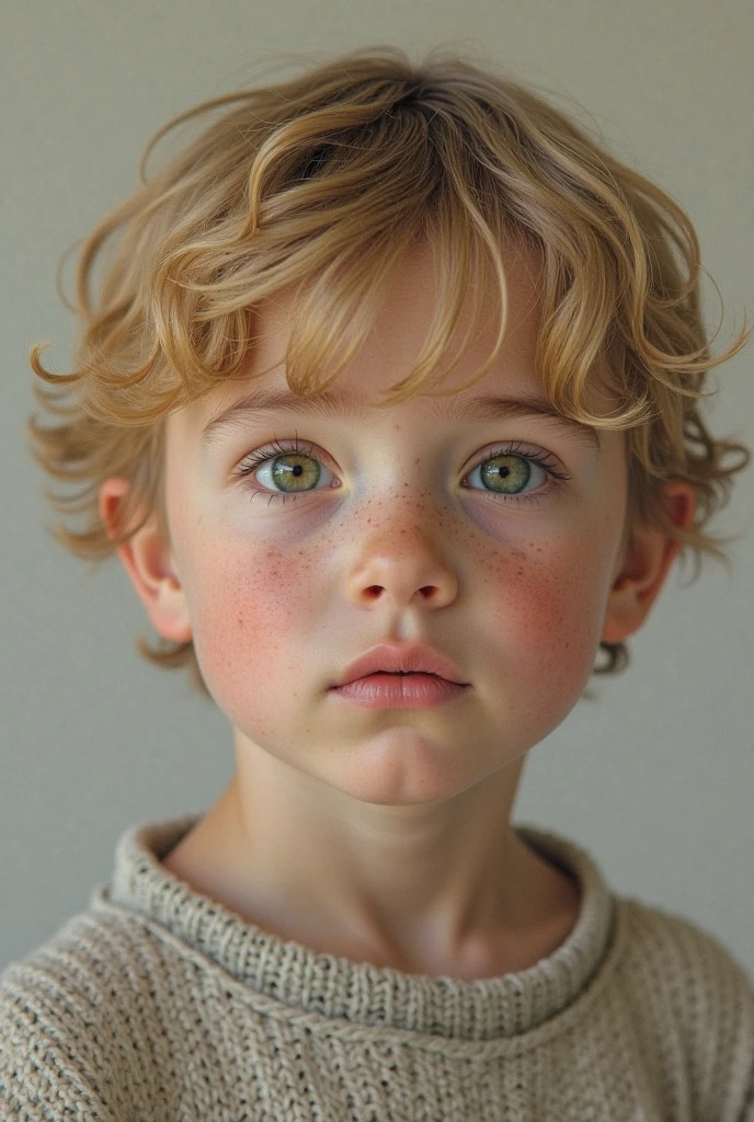 Pale boy, blonde orange hair, mushroom cut and light eyes.