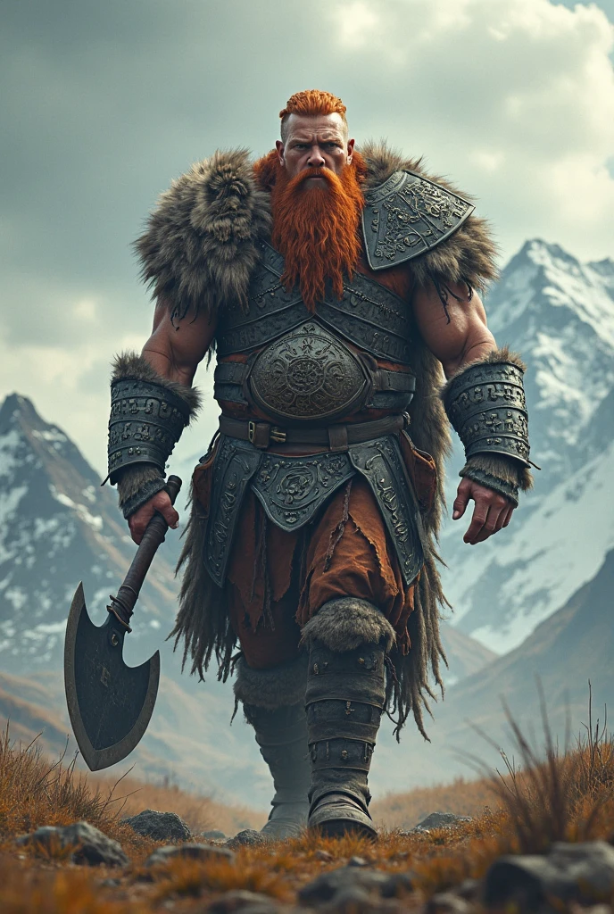 (medium full shot) of (stout mountain dwarf) wearing a charcoal tribal garb, sturdy sandals, Gnarled ginger beard, carrying a heavy backpack, wielding a double-bladed axe, set in a muddy battlefield, with churned earth, deep trenches, scattered debris , at dawn, ,Masterpiece,best quality, raw photo, realistic, very aesthetic, dark