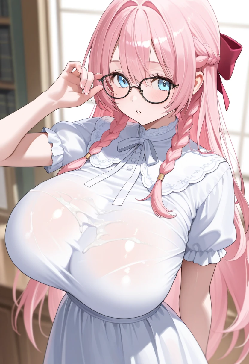 blush, cleavage,glowing aura, natural light, masterpiece, glossy skin, juicy lips ,long hair, cute, kawaii, adorable, reaching up, adult, cuddle, kawaii clothes,random hair style, random clothes,sexy, hot, , random expression, blonde hair, ((pink highlights in hair)), pink eyes, purple bunny ears, bonfie, therapist clothes, smirk, glasses, pigtails and braids, pencil skirt, white shirt, cleavage, bright pink eyes, ((from below))), evil
