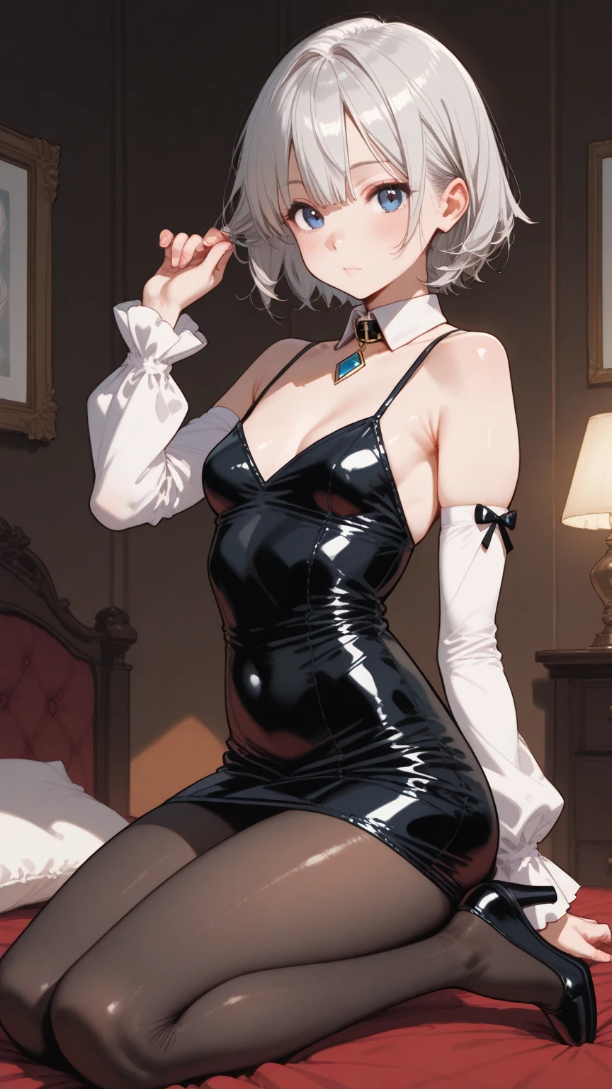 BDSM、Queen、mistress、One girl、solo、(((Long gloves covered to the fingertips in black latex)))、(((Black latex corset dress:1.4)))、(((The corset dress is decorated with beautiful lace.)))、(((corset dress with shoulder straps)))、(((Black latex tight mini skirt:1.4)))、(((Black Thigh Boots)))、Stiletto heels、(((Black latex panties)))、(((Black latex bra)))、(((Black leather collar)))、(((Sexy pose)))、Wide-open legs、(((Erotic)))、(((Cowboy Shot)))、masterpiece, highest quality, Disorganized, Perfect Anatomy, 1 Girl, alone, Cecelia Doute, short hair, Ceceria Uniform, Asticasia , Partially defrosted, Green shorts, White knee socks, Are standing, smile, Indoors, Hands on hips, chest